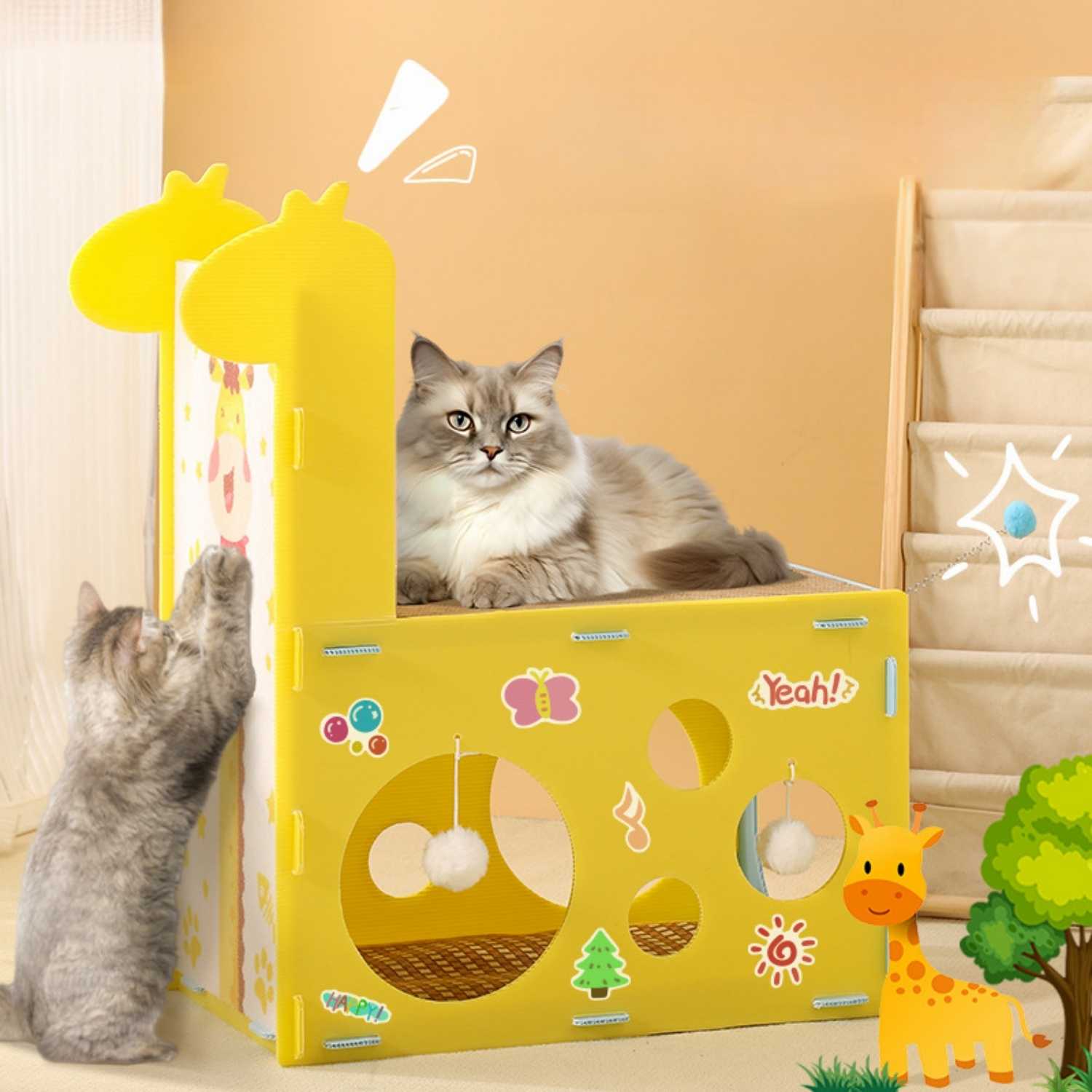 kattenbed tunnel giraffe twee katten bovenop en ernaast met decoraties